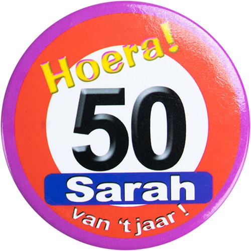Button Hoera! 50 Sarah van het jaar!